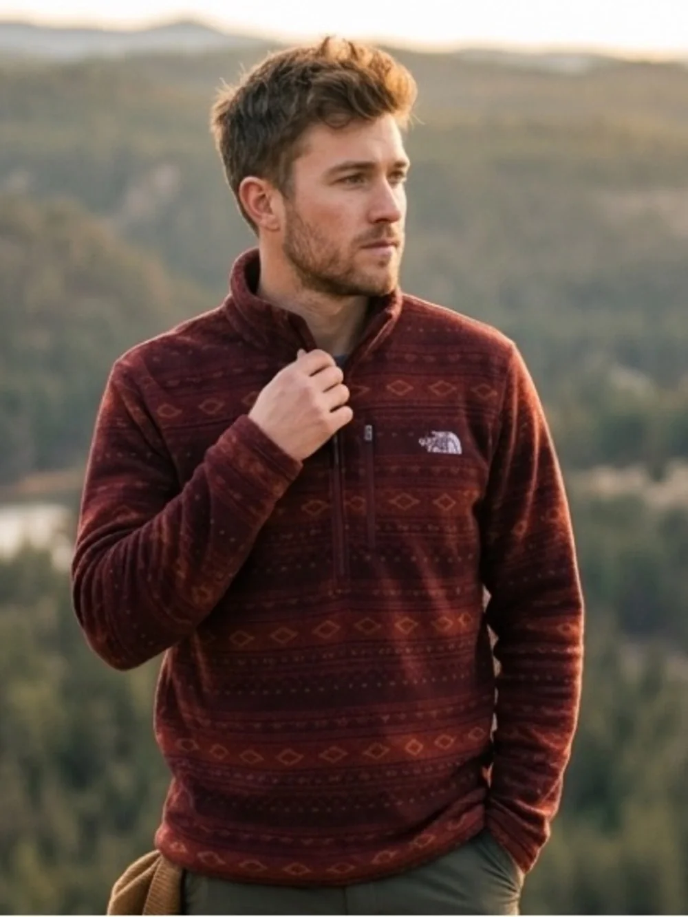THE NORTH FACE sz XL 1/4 Zip Dark Red Aztec Sweater Knit Fleece Jacket Gorpcore